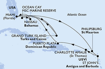 USA, Zámořské území Velké Británie, Bahamy, Svatý Martin, Antigua a Barbuda, Dominikánská republika z Miami na lodi MSC Meraviglia