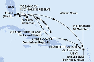 USA, Svatý Martin, Svatý Kryštof a Nevis, Dominikánská republika, Bahamy, Zámořské území Velké Británie z Miami na lodi MSC Meraviglia