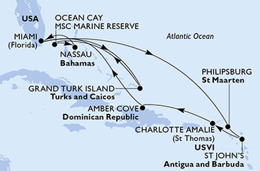 USA, Svatý Martin, Antigua a Barbuda, Dominikánská republika, Zámořské území Velké Británie, Bahamy z Miami na lodi MSC Meraviglia