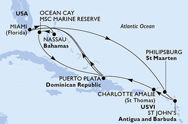 USA, Svatý Martin, Antigua a Barbuda, Dominikánská republika, Bahamy z Miami na lodi MSC Meraviglia