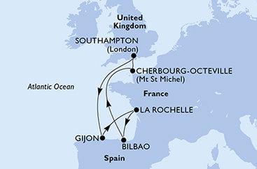 Velká Británie, Španělsko, Francie ze Southamptonu na lodi MSC Meraviglia