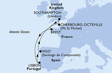 Velká Británie, Francie, Portugalsko, Španělsko ze Southamptonu na lodi MSC Meraviglia