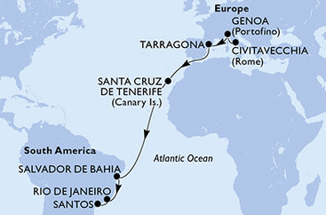 Itálie, Španělsko, Brazílie z Civitavecchia na lodi MSC Divina
