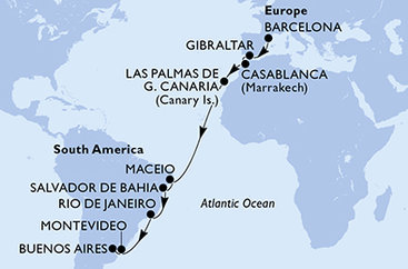 Španělsko, Velká Británie, Maroko, Brazílie, Uruguay, Argentina z Barcelony na lodi MSC Splendida