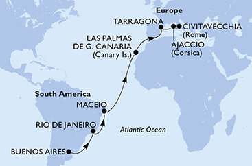 Argentina, Brazílie, Španělsko, Francie, Itálie z Buenos Aires na lodi MSC Splendida