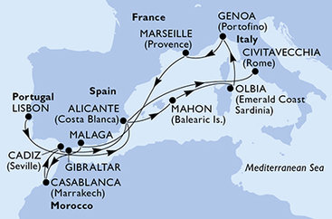 Portugalsko, Španělsko, Itálie, Francie, Maroko, Velká Británie z Lisabonu na lodi MSC Sinfonia