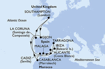 Velká Británie, Španělsko, Maroko ze Southamptonu na lodi MSC Meraviglia