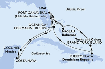USA, Bahamy, Mexiko, Dominikánská republika, Zámořské území Velké Británie z Port Canaveralu na lodi MSC World Atlantic