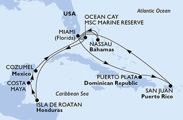 USA, Bahamy, Honduras, Mexiko, Dominikánská republika z Miami na lodi MSC World America