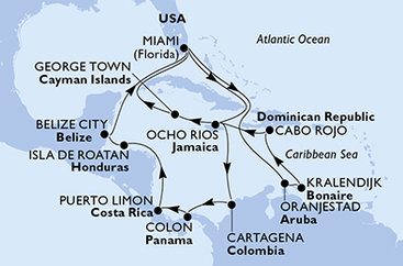 USA, Aruba, Bonaire, Dominikánská republika, Jamajka, Kajmanské ostrovy, Kolumbie, Panama, Kostarika, Honduras, Belize z Miami na lodi MSC Poesia