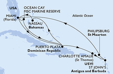 USA, Bahamy, Dominikánská republika, Antigua a Barbuda, Svatý Martin z Miami na lodi MSC Seashore