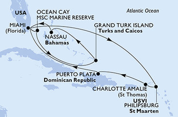 USA, Svatý Martin, Dominikánská republika, Bahamy, Zámořské území Velké Británie z Miami na lodi MSC Seashore