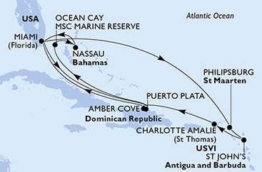 USA, Dominikánská republika, Bahamy, Svatý Martin, Antigua a Barbuda z Miami na lodi MSC Seashore