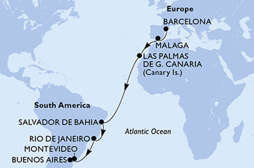 Španělsko, Brazílie, Uruguay, Argentina z Barcelony na lodi MSC Splendida