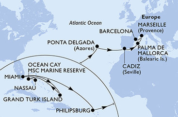 USA, Zámořské území Velké Británie, Bahamy, Svatý Martin, Portugalsko, Španělsko, Francie z Miami na lodi MSC Seashore