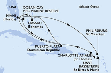 USA, Bahamy, Dominikánská republika, Svatý Martin, Svatý Kryštof a Nevis z Miami na lodi MSC Seashore
