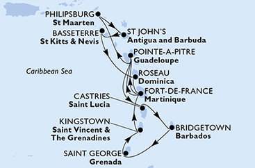 Martinik, Guadeloupe, Svatý Martin, Antigua a Barbuda, Svatý Kryštof a Nevis, Dominika, Svatá Lucie, Barbados, Grenada, Svatý Vincenc a Grenadiny z Fort-de-France na lodi MSC World Europa
