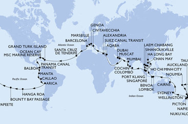 Španělsko, Zámořské území Velké Británie, Bahamy, Panama, , Ekvádor, Peru, Chile, Francouzská Polynésie, Tonga, Nová Kaledonie, Nový Zéland, Austrálie, Indonésie, Vietnam, Thajsko, Kambodža, Singapur, Malajsie, Srí Lanka, Indie, Spojené arabské emiráty, Omán, Jordánsko, Egypt, Itálie, Francie z Barcelony na lodi MSC Magnifica