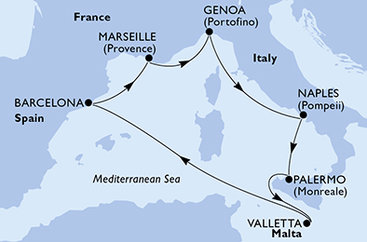 Malta, Španělsko, Francie, Itálie z Valletty na lodi MSC Seashore